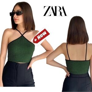 Zara green black printed knit halter top festival crop top stretchy Sz M-L NWT